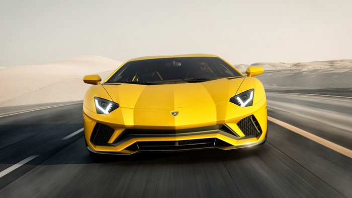 Yellow Lamborghini Aventador S on a Desert Road 4K