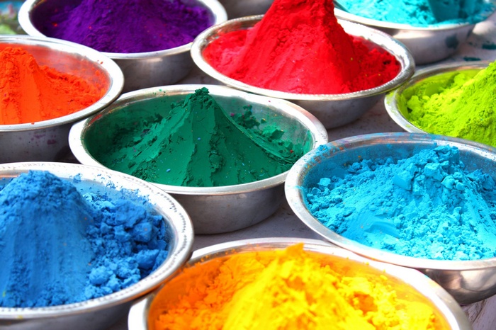 Bowls of colorful Holi powders