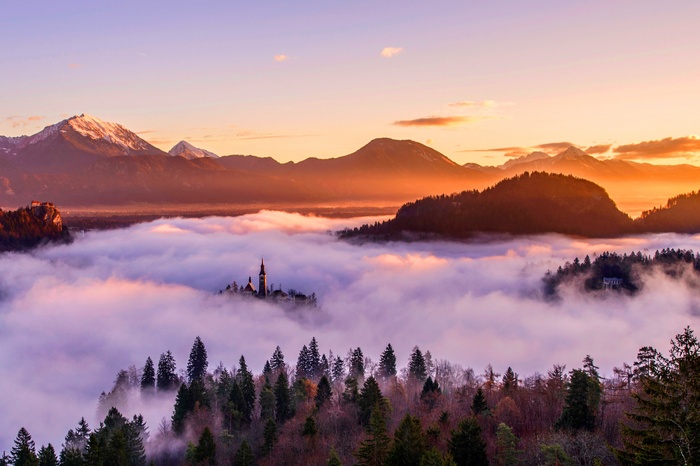 Mountains and fog at sunset
