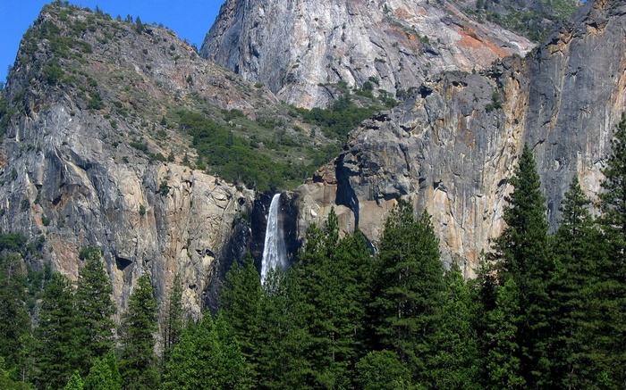Waterfall cascading down a rocky mountain face with pine trees