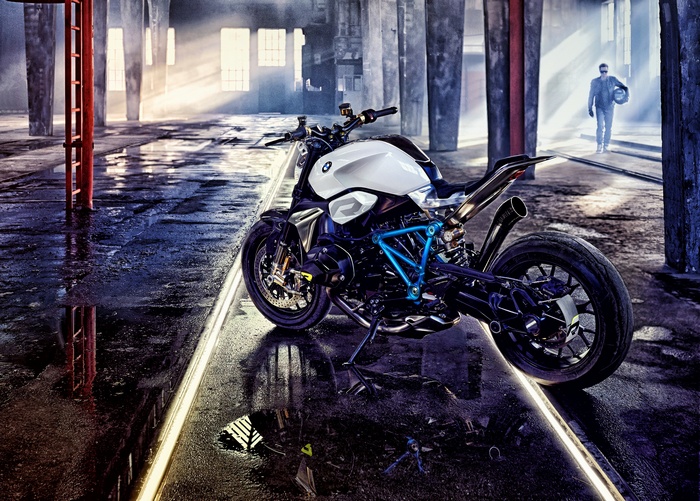 BMW Concept Roadster motorcycle in an abandoned warehouse