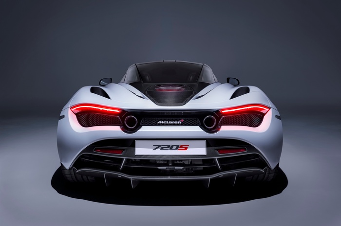 Rear view of a white McLaren 720S Coupe