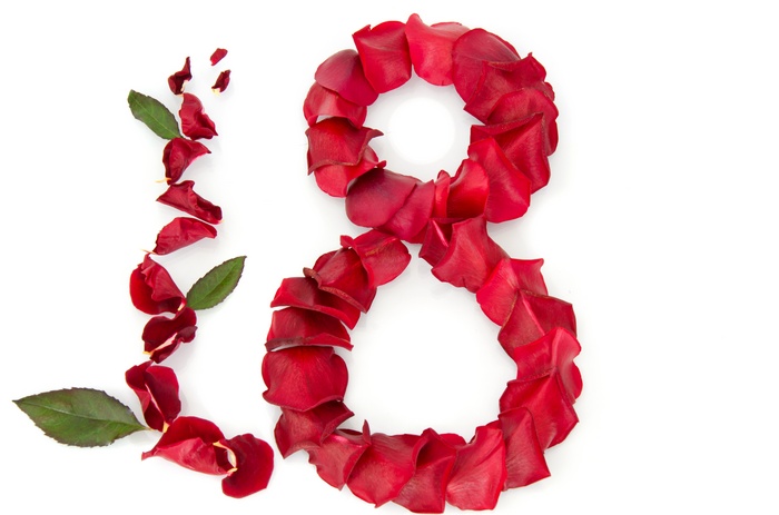 Number 8 made of red rose petals and leaves
