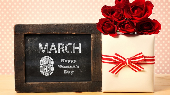 March 8 Happy Woman's Day chalkboard and gift