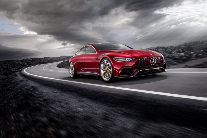 Red Mercedes-AMG GT Concept car on a winding road