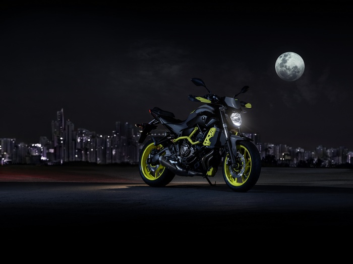 2017 Yamaha MT-07 motorcycle at night with city skyline