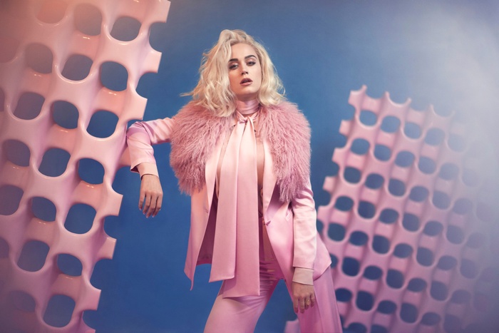 Katy Perry in pink suit with fluffy collar