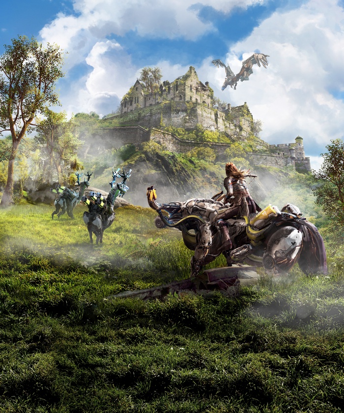 Aloy riding a machine near Edinburgh ruins in Horizon Zero Dawn