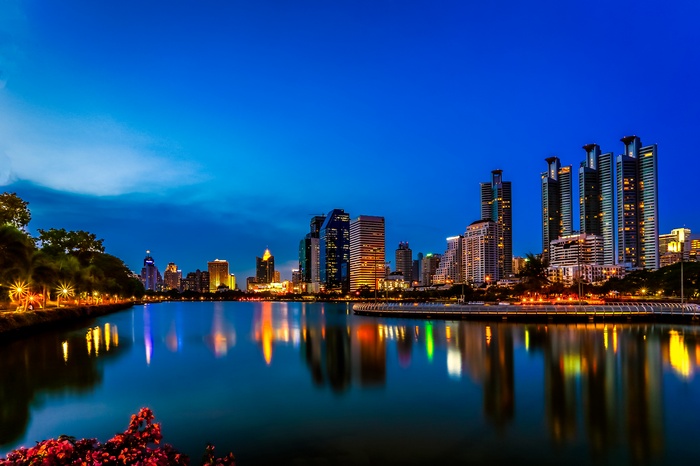 Bangkok Nightscape with City Skyline and Lake