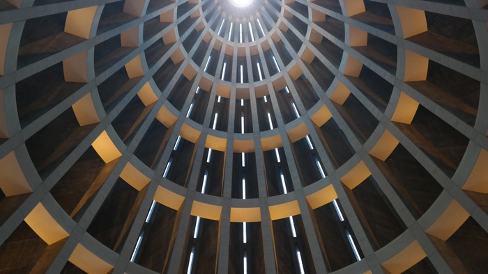Interior of a church dome with sunlight
