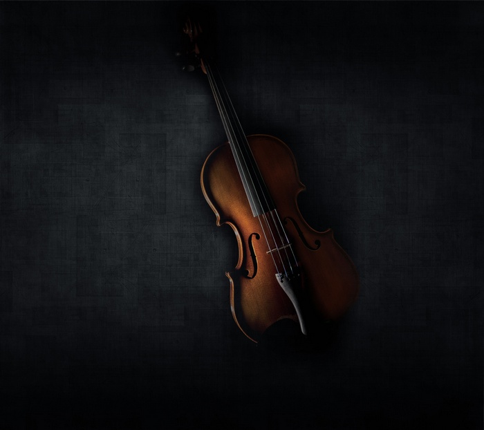 A dark, textured background with a violin