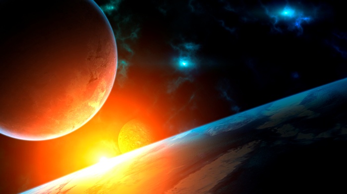 Planets and sun in deep space with nebulae