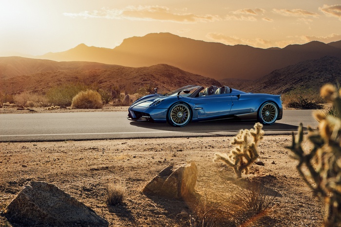 Blue Pagani Huayra Roadster in Desert Landscape