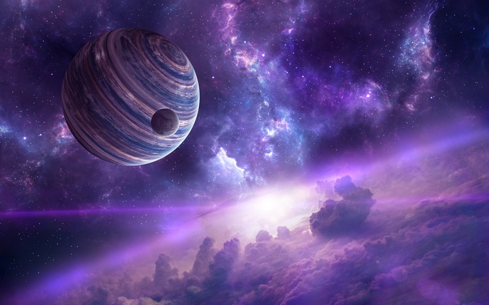 A gas giant planet with a moon in a purple nebula