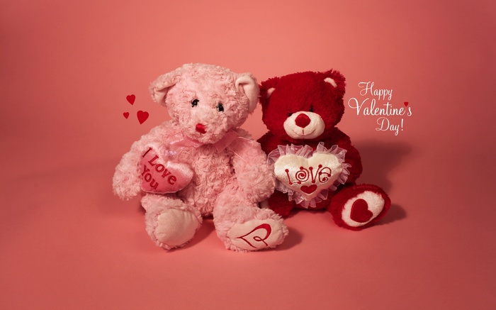 Two teddy bears with Valentine's Day hearts
