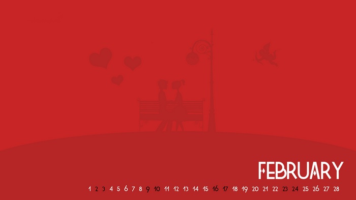 February Calendar with Couple Silhouette