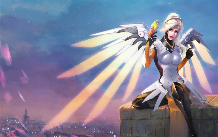 Mercy from Overwatch with a bird