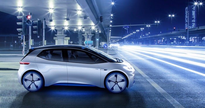 Volkswagen I.D. Concept Car on City Street at Night