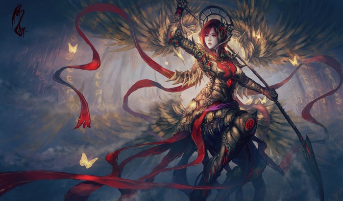 Warrior with golden wings and red ribbons