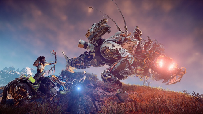 Aloy from Horizon Zero Dawn fighting a Thunderjaw