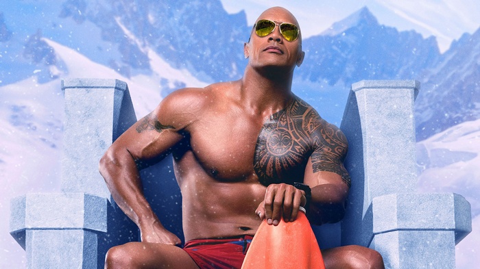 Dwayne Johnson from Baywatch in a snowy setting