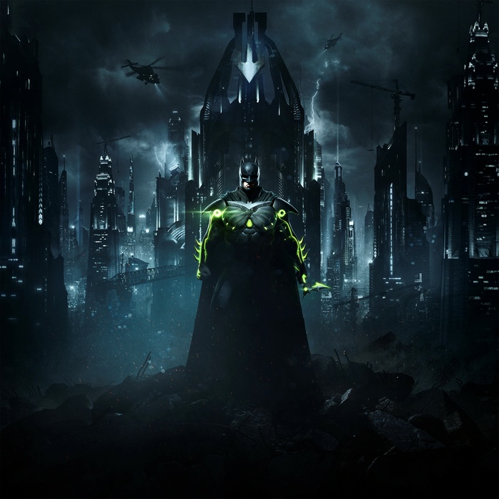 Batman from Injustice 2 in a dark city