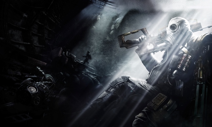 Soldier with gas mask and rifle in Metro: Last Light