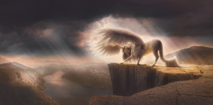 Pegasus on a cliff edge with mountains and river