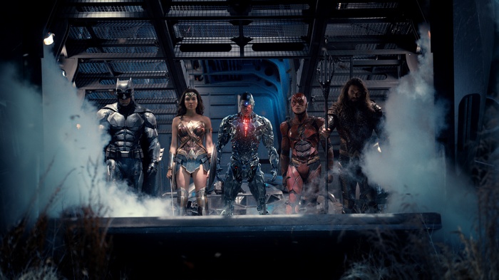 Justice League members Batman, Wonder Woman, Cyborg, The Flash, and Aquaman