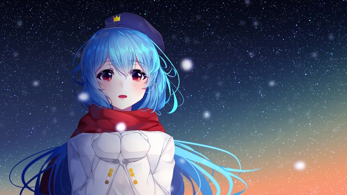 Anime girl with blue hair and red scarf under starry sky