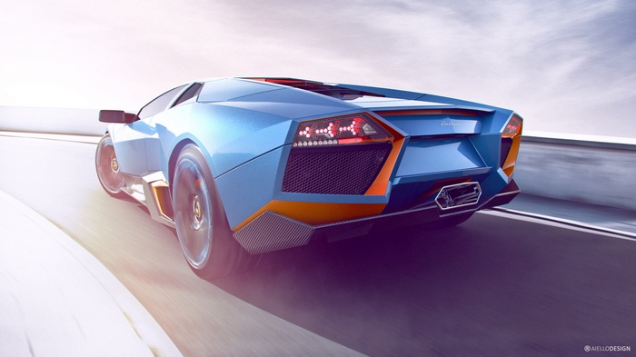 Blue Lamborghini Reventon driving on a road
