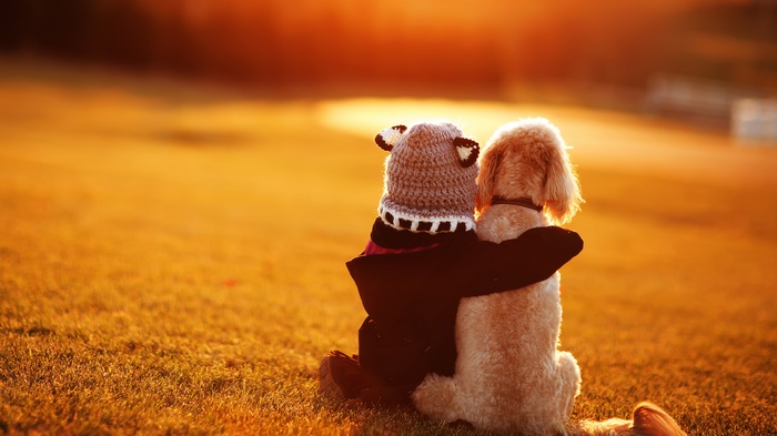 Child and dog hugging at sunset