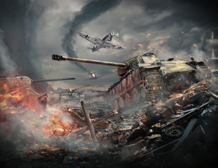 Battle scene with tanks and airplanes