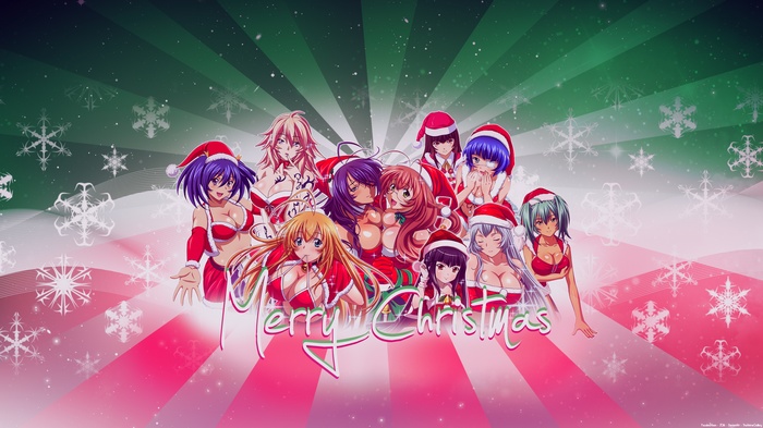 Anime girls in Santa outfits wishing Merry Christmas