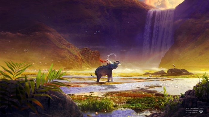 Elephant and rider by a waterfall in a mythical landscape