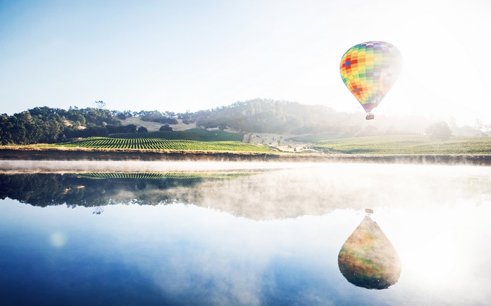 Hot air balloon over a misty lake and vineyards