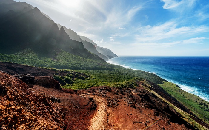 Coastal mountains and ocean on a sunny day