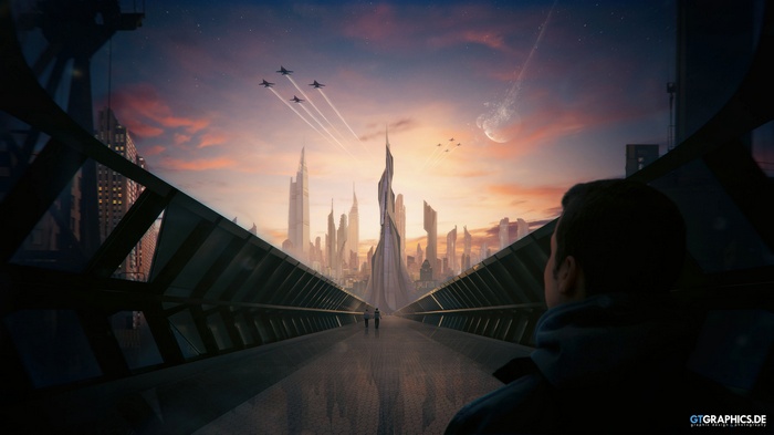 Futuristic city skyline at sunset with fighter jets