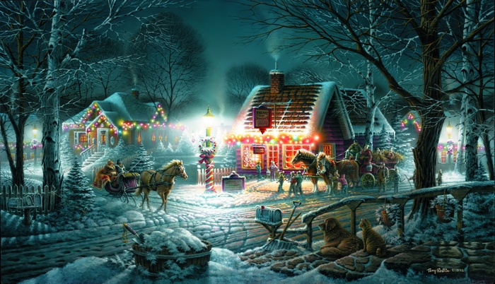 Christmas village scene with horse-drawn sleighs and decorated houses