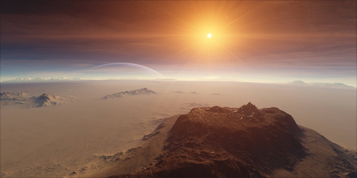 Alien planet landscape with mountains and a sun