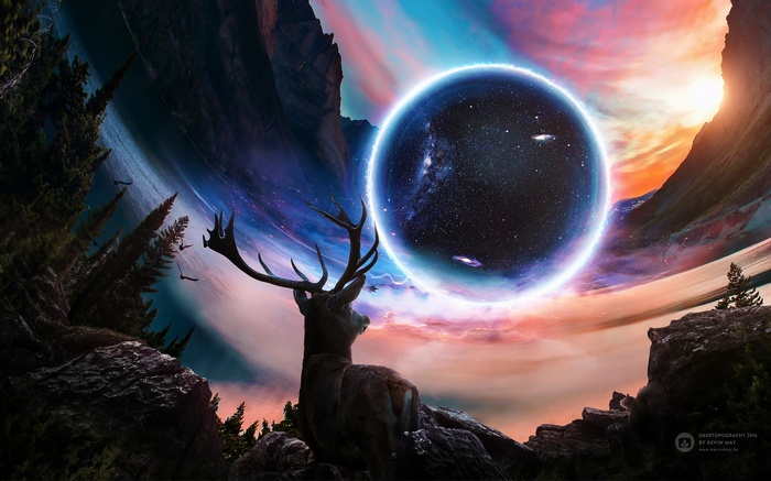 Deer looking at a cosmic planet in mountains