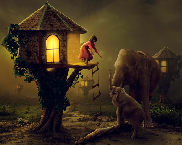 Girl and elephants near tree houses
