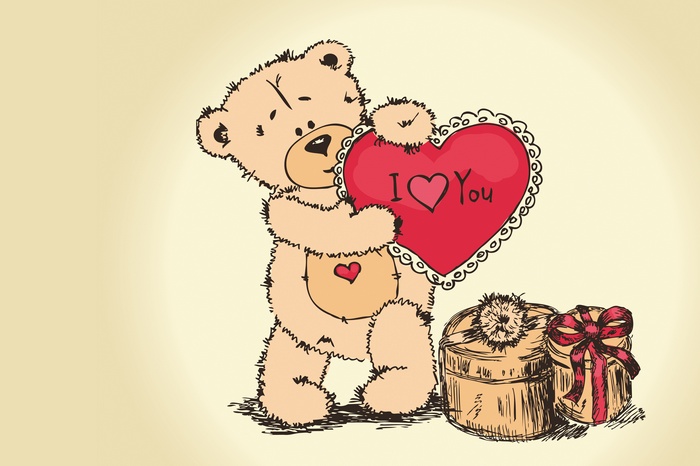 Teddy bear holding "I Love You" heart with gifts