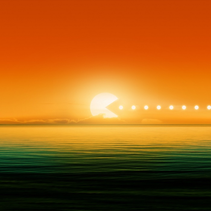 Pac-Man sunset over the ocean