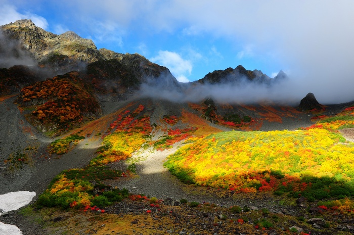 Mountains with autumn foliage and clouds
