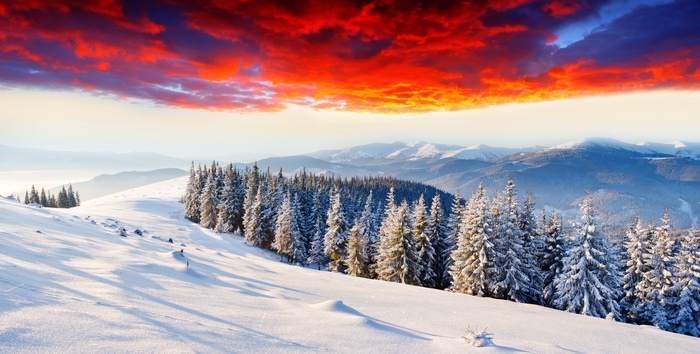 Winter mountains at sunset