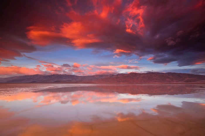 Dramatic sunset over Death Valley salt flats