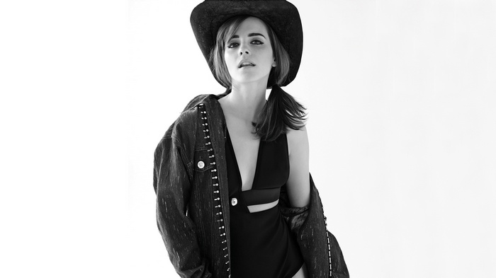 Emma Watson wearing a cowboy hat and denim jacket