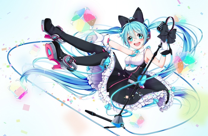 Hatsune Miku Vocaloid singing with microphone and confetti