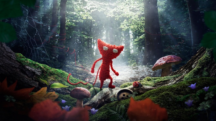 Yarny from Unravel in a forest